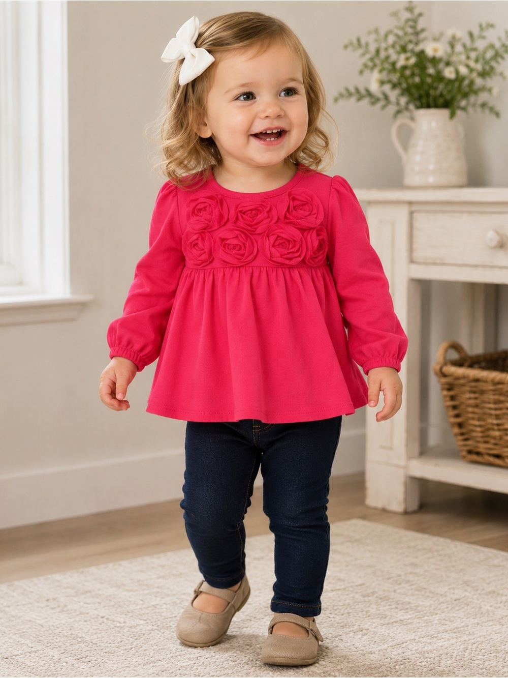 Baby Gap Girls 18-24M Pink Rosette Long Sleeve Swing Top